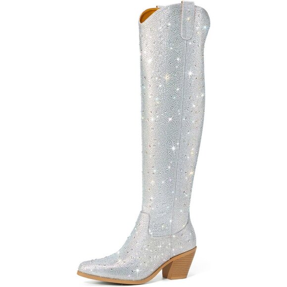 Shoes - Women's Silver Rhinestone Cowboy Boots Sparkly Over the Knee High Pointed Toe